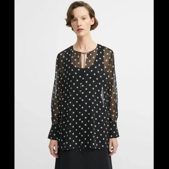 THEORY Petite Polka Dot Black & Cream Sheer Tie Blouse - Picture 1 of 11